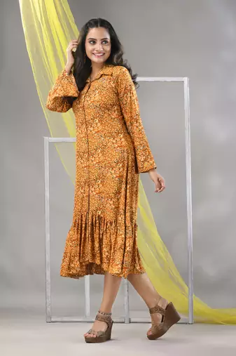 Mustard rayon printed a-line ethnic dress