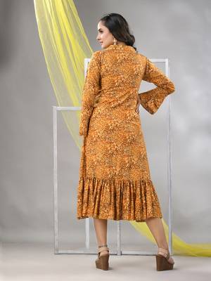 Mustard rayon printed a-line ethnic dress 3