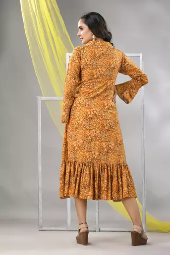 Mustard rayon printed a-line ethnic dress