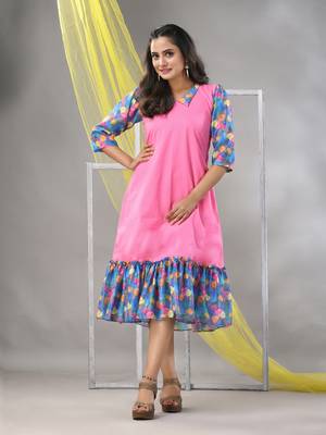 Pink cotton solid a-line ethnic dress with ruffle 1