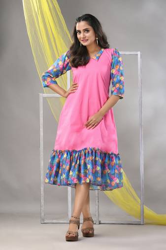 Pink cotton solid a-line ethnic dress with ruffle
