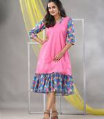 Pink cotton solid a-line ethnic dress with ruffle
