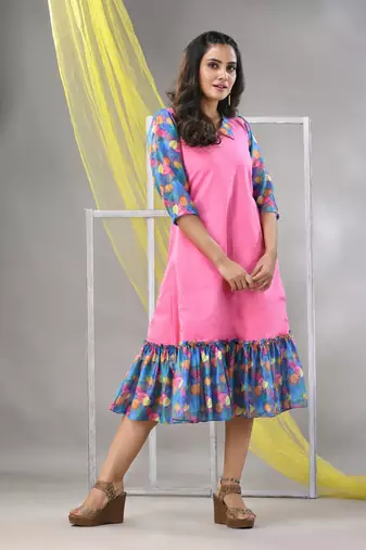 Pink cotton solid a-line ethnic dress with ruffle