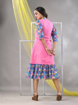 Pink cotton solid a-line ethnic dress with ruffle 3