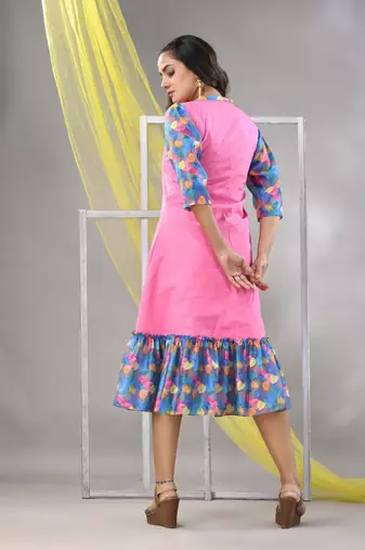 Pink cotton solid a-line ethnic dress with ruffle