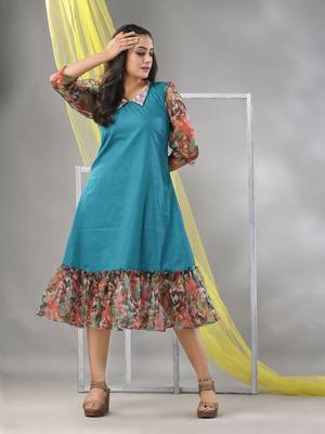 Teal cotton solid a-line ethnic dress with ruffle 1