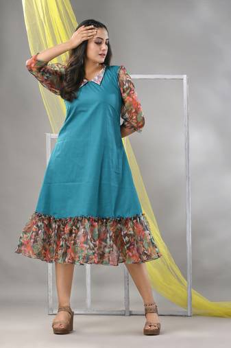 Teal cotton solid a-line ethnic dress with ruffle
