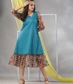 Teal cotton solid a-line ethnic dress with ruffle