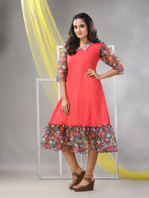 Peach cotton solid a-line ethnic dress with ruffle 1