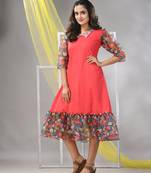 Peach cotton solid a-line ethnic dress with ruffle