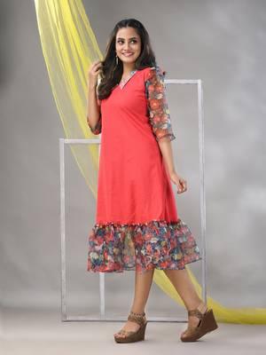 Peach cotton solid a-line ethnic dress with ruffle 2