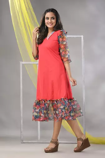 Peach cotton solid a-line ethnic dress with ruffle