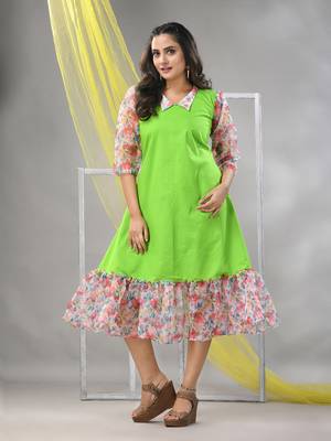 Parrot green cotton solid a-line ethnic dress with ruffle 1