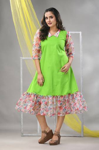 Parrot green cotton solid a-line ethnic dress with ruffle