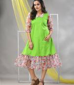Parrot green cotton solid a-line ethnic dress with ruffle