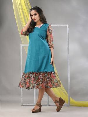 Teal cotton solid a-line ethnic dress with ruffle 2
