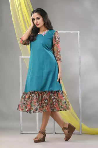 Teal cotton solid a-line ethnic dress with ruffle