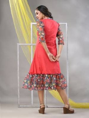 Peach cotton solid a-line ethnic dress with ruffle 3