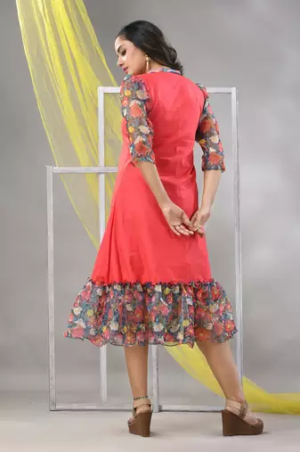 Peach cotton solid a-line ethnic dress with ruffle