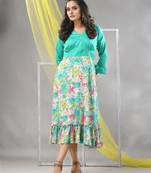 Mint green rayon printed flared ethnic dress