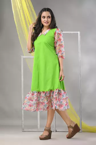 Parrot green cotton solid a-line ethnic dress with ruffle