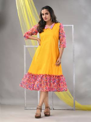 Yellow cotton solid a-line ethnic dress with ruffle 1