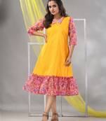 Yellow cotton solid a-line ethnic dress with ruffle