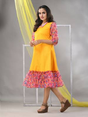 Yellow cotton solid a-line ethnic dress with ruffle 2