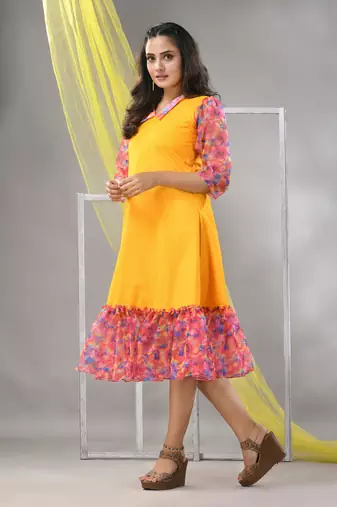 Yellow cotton solid a-line ethnic dress with ruffle