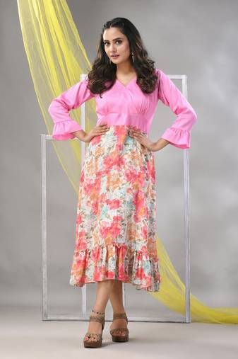 Baby pink rayon printed flared ethnic dress
