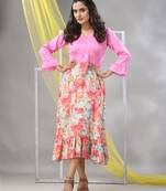 Baby pink rayon printed flared ethnic dress