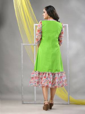 Parrot green cotton solid a-line ethnic dress with ruffle 3