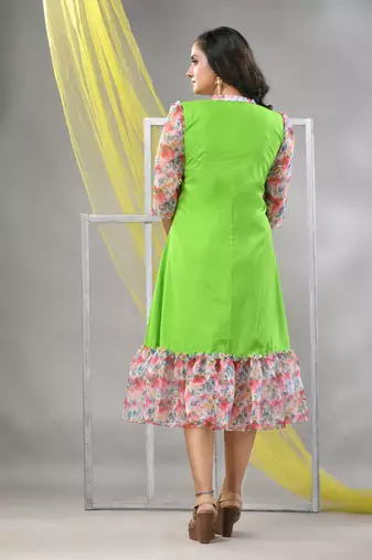 Parrot green cotton solid a-line ethnic dress with ruffle