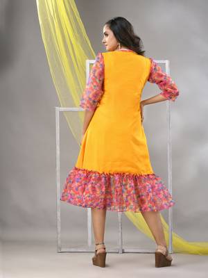 Yellow cotton solid a-line ethnic dress with ruffle 3