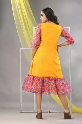 Yellow cotton solid a-line ethnic dress with ruffle