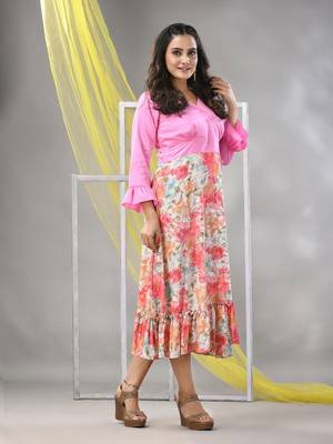 Baby pink rayon printed flared ethnic dress 2