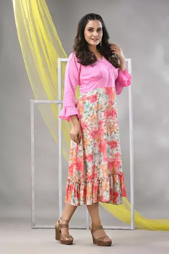 Baby pink rayon printed flared ethnic dress