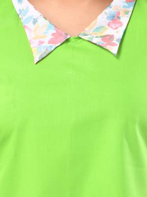 Parrot green cotton solid a-line ethnic dress with ruffle 4