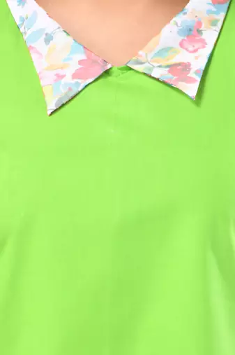 Parrot green cotton solid a-line ethnic dress with ruffle