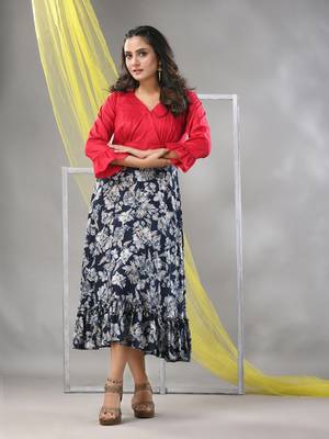 Navy blue rayon printed flared ethnic dress 1