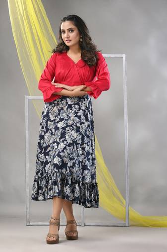 Navy blue rayon printed flared ethnic dress