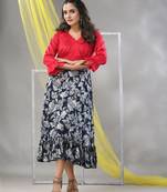 Navy blue rayon printed flared ethnic dress