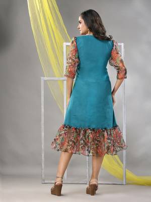 Teal cotton solid a-line ethnic dress with ruffle 3