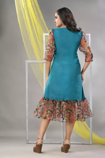 Teal cotton solid a-line ethnic dress with ruffle