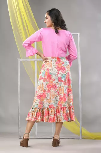 Baby pink rayon printed flared ethnic dress