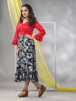 Navy blue rayon printed flared ethnic dress 2