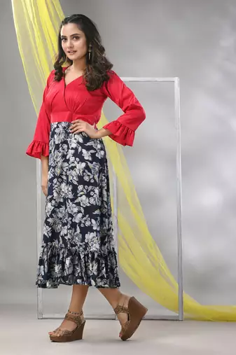 Navy blue rayon printed flared ethnic dress