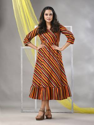 Multicolor cotton blend stripe printed flared ethnic dress 1
