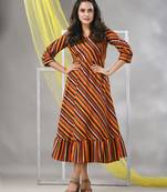 Multicolor cotton blend stripe printed flared ethnic dress
