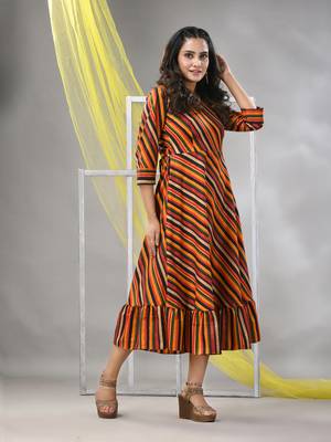 Multicolor cotton blend stripe printed flared ethnic dress 2